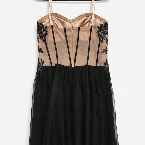 Black Cocktail Nude Illusion Bodice Floral Embroidery with Black Tulle Skirt - Picture 3 of 5